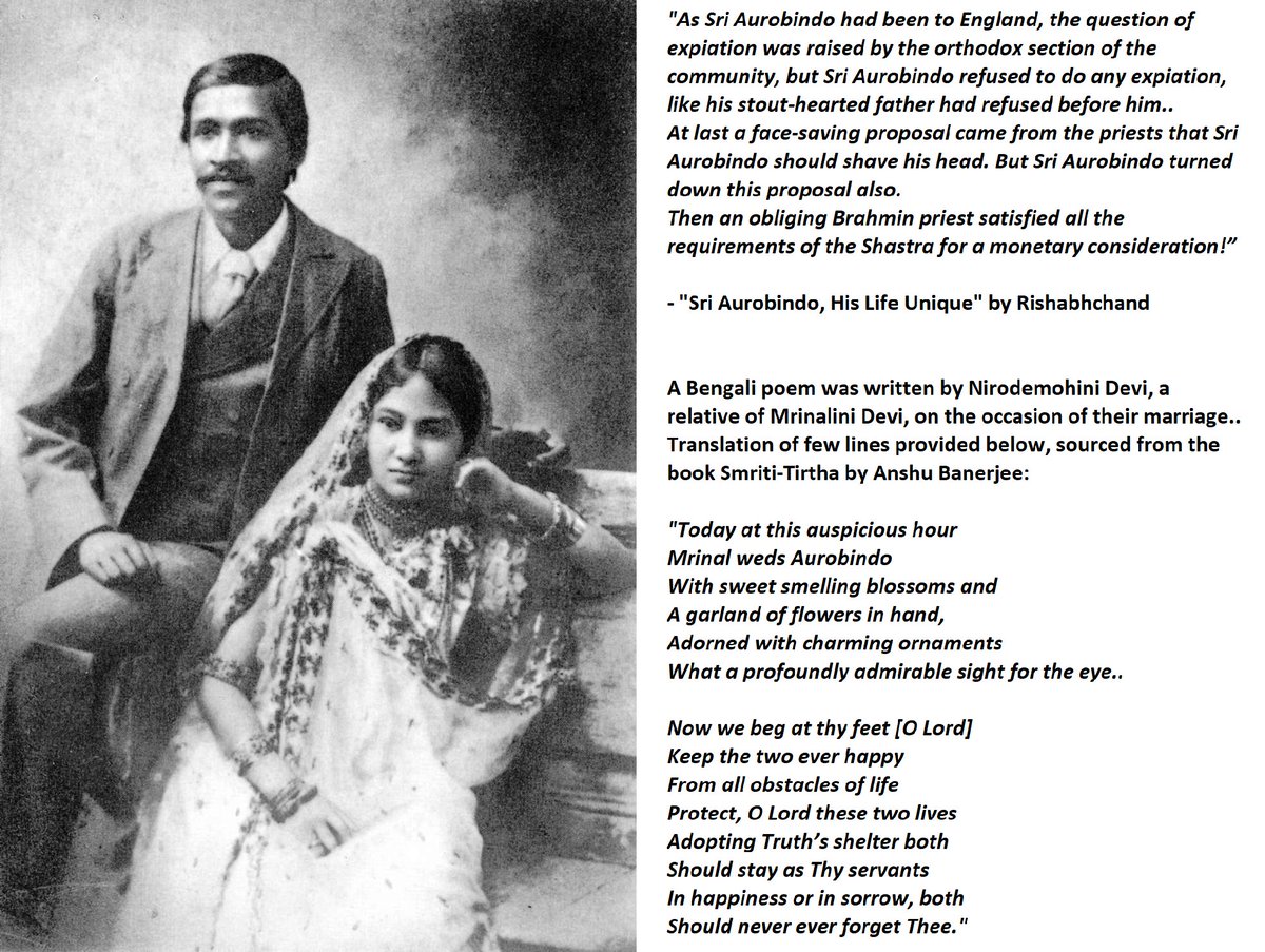 9) Marriage in Calcutta: #SriAurobindo got married to Mrinalini on 30 Apr,1901 acc. to Hindu rites. The function was attended by famous scientist J.C. Bose, Lord Sinha, barrister Byomkesh Chakravarty etcOf course Sri Aurobindo's marriage couldn't have been purely conventional: