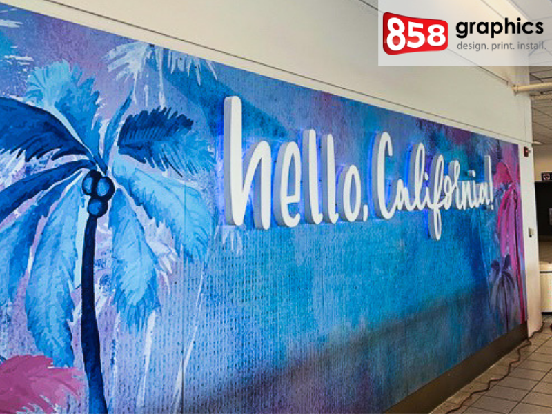 858graphics's tweet photo. Here's a sneak peek of our latest project at Ontario International Airport! We installed the digital print (on white DIBOND) in multiple panels that span 20 feet. LED backlit letters spelling Hello, California! were the finishing touch on this welcoming mural in Terminal 2. https://t.co/lSPrYmxHa8