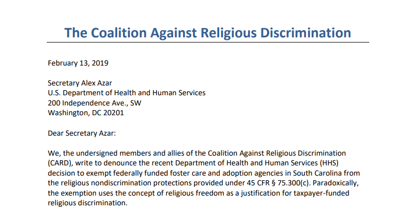 BREAKING: AU led 119 national orgs in denouncing the Trump admin's policy that allows taxpayer-funded foster care agencies in South Carolina to discriminate against parents based on religion, leaving vulnerable kids to pay the price. bit.ly/2Gu24hs #PutKidsFirst