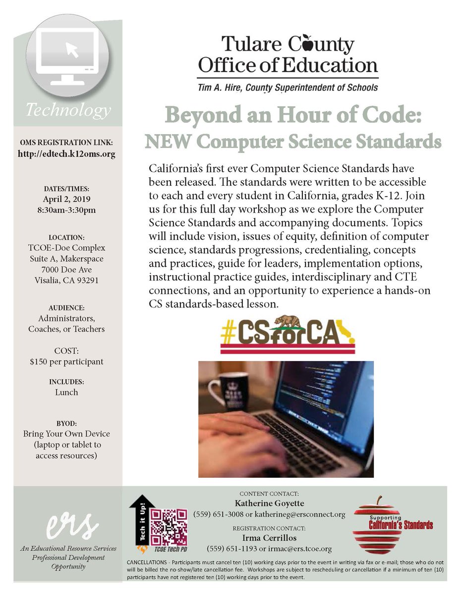 kat_goyette's tweet image. California&apos;s Computer Science Standards are here. Learn more at this full day workshop in Central California. Explore the standards, access resources, and engage in collaborative, interdisciplinary problem based activities using robotics and more! #CVTechTalk #CSforCV #tularecoe