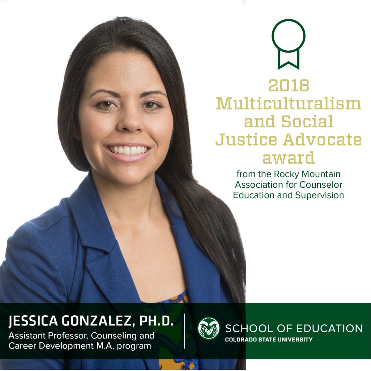 Congrats to Dr. Jessica Gonzalez, an assistant professor in our Counseling & Career Development M.A. program! Dr. Gonzalez was recently honored for her outstanding #teaching & #research in #multiculturalcounseling.  col.st/3vUqH #highereducation #highered #CSURams