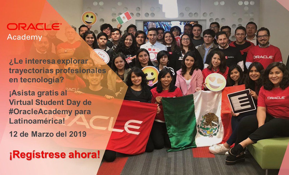 OracleAcademy's tweet photo. ¿Le interesa explorar trayectorias profesionales en #tecnología? ¡Asista gratis al Virtual Student Day de #OracleAcademy para #Latinoamérica! 12 de Marzo del 2019. ¡Regístrese ahora! Students: Register now for #OracleAcademyStudentDay #LatinAmerica > https://t.co/6BSKNNQRfy https://t.co/xh1vCxELGV