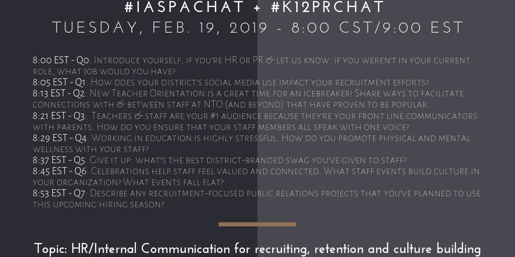 The CHATALABORATION between #IASPAchat and #K12PRchat is on 2/19 at 8pm CST! We're discussing communication for recruiting, retention and culture.  Schedule tweets! @ilprincipals @IllinoisASA @INSPRABoard @_IASPA_ @_AASPA_ @ILschoolboards #iledchat #suptchat #k12chat #K12Talent