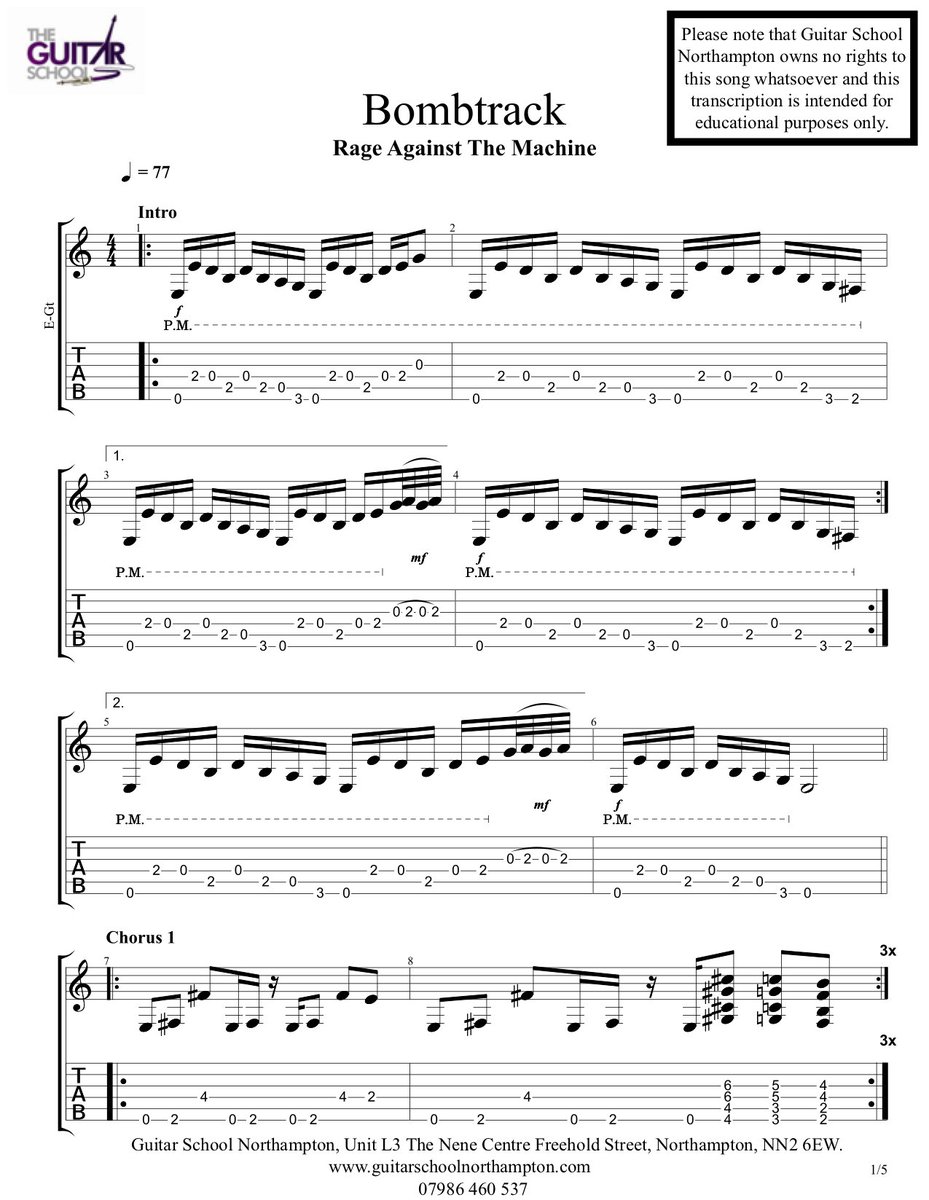 GSN_07986460537's tweet photo. This weeks tab is "Bombtrack" by R.A.T.M. It might be a bit tricky for beginners, but ideal for intermediate players. If you struggle following this one, feel free to message us for any tips, or call us to book in for a free half hour starter session. Have fun!  Pages 1- 4 of 5 https://t.co/1RjENyts7p
