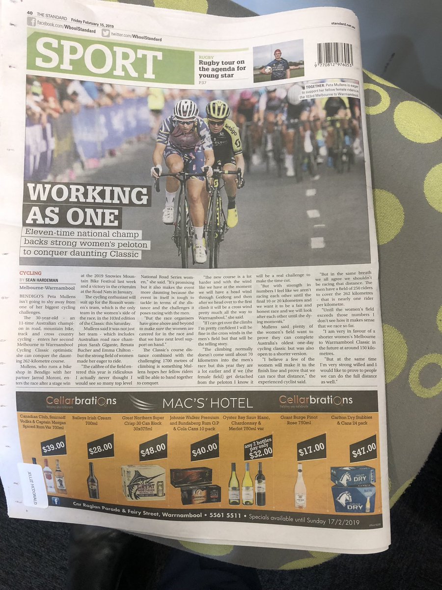 Amazing coverage of the <a href="/PowercorAust/">Powercor Australia</a> Melbourne to Warrnambool in the <a href="/WboolStandard/">The Standard</a> today with a special edition 4 page liftout as well as the back page featuring <a href="/PetaMullens/">Peta Mullens</a> and <a href="/n_sumo23/">Nathan Elliott</a> 👏📰 #M2W19 #NRS19 #IAMWARRNAMBOOL