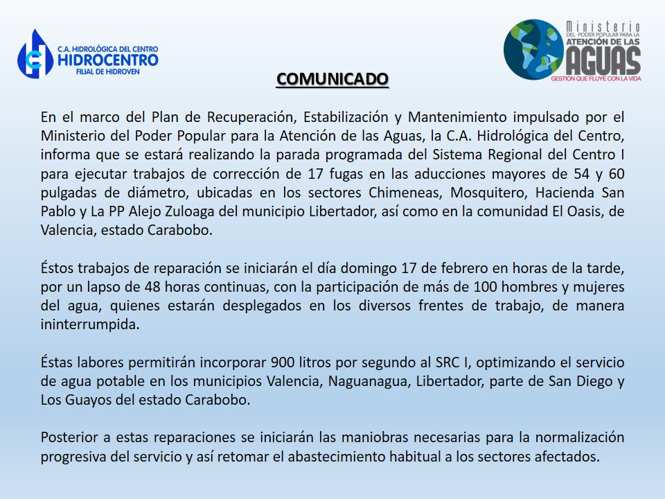 Hidrocentro2011's tweet photo. 🔵#14Feb Informamos que este domingo 17 de febrero estaremos realizando la parada programada del Sistema Regional del Centro I para ejecutar trabajos de corrección de fugas en aducciones principales @JesusMeza76 @MPPAAguas #GestiónQueFluyeConLaVida https://t.co/opiK0vXD1R
