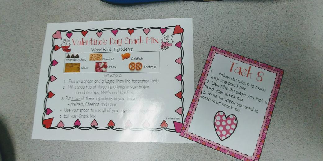 BWilliamsESL's tweet photo. First Graders completing tasks in our "Unlock the Box" challenge. They followed written directions to make Valentine's Snack mix, used their speaking skills to sequence what they did and analyzed eachother with a speaking rubric.
#accessprep 
#smyrnaelementary 
#iteachesl https://t.co/uymTh6UFmK