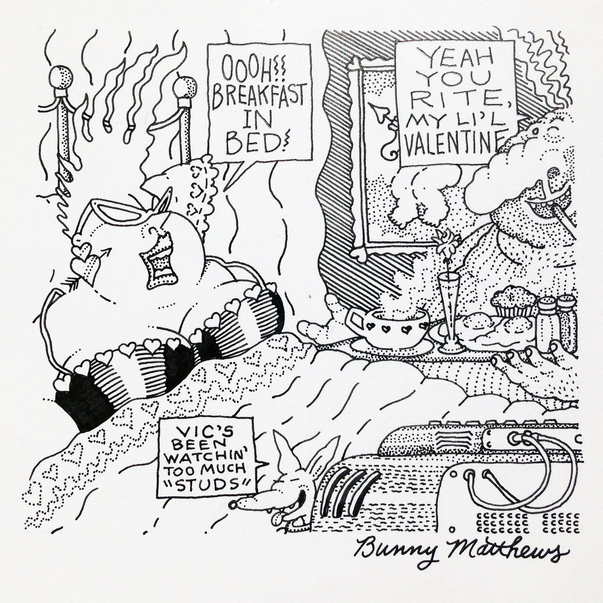 artrogergallery's tweet photo. Happy Valentine's Day from the Arthur Roger Gallery and Bunny Matthews. We hope you have a wonderful day. 

Bunny Matthews
Breakfast in Bed, n/d
Pen and ink on paper
5 x 5 1/4 inches (image)
11 x 10 1/2 inches (framed) https://t.co/vjR3UclAva