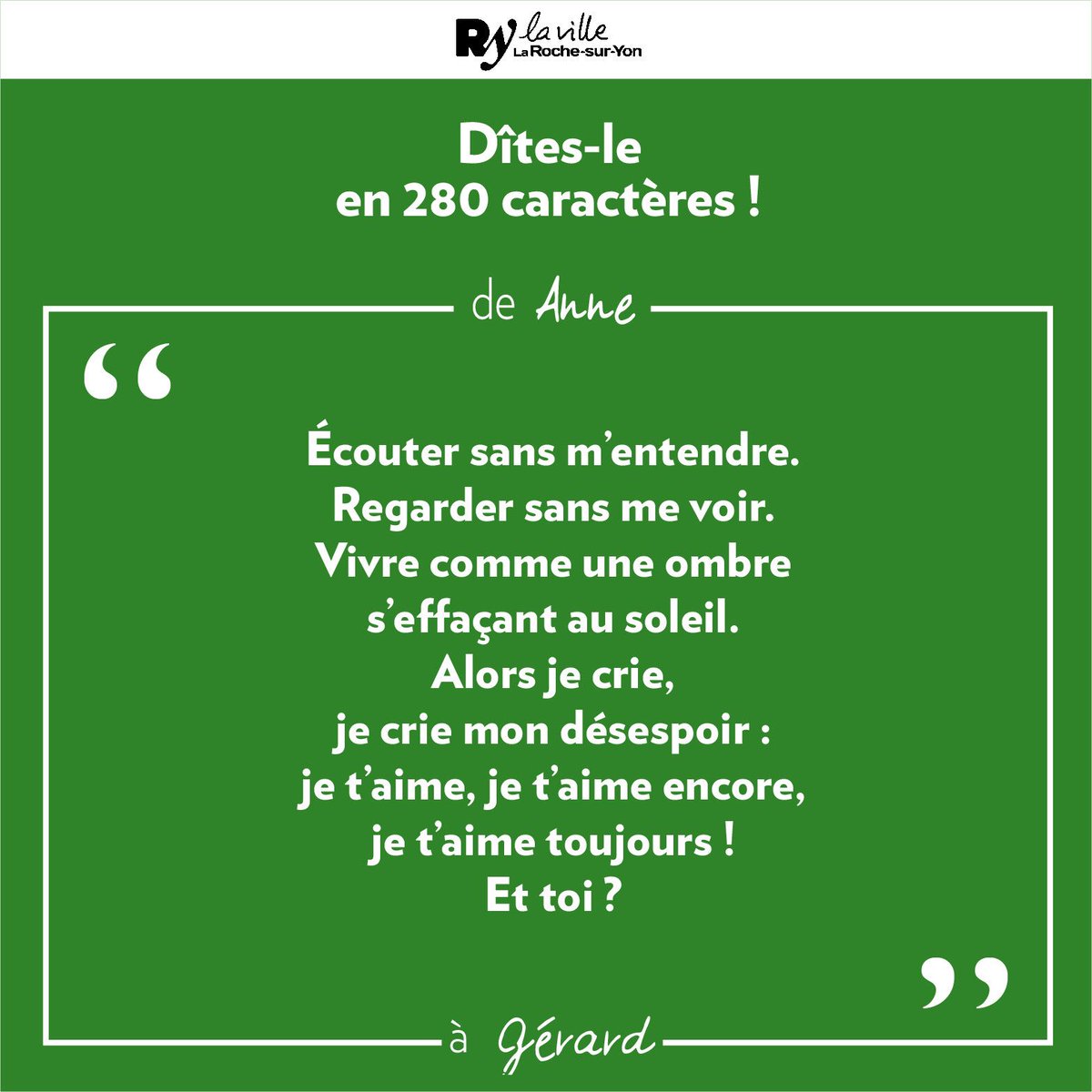 larochesuryonfr's tweet photo. Dîtes-le en 280 caractères ! 😘 Nombreux ont été les #Yonnais à déposer leur déclaration d'#amour en ligne pour la #SaintValentin.
Retrouvez ici une sélection de quelques messages.
Toutes les déclarations sur ➡️ https://t.co/kfQSHF8F68.
Belle Saint-Valentin !
#LRSY #ActeVI https://t.co/UUwo5bSgSX