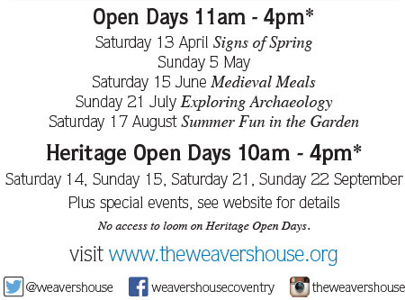 weavershouse's tweet photo. Diaries at the ready! 

Here's a list of our FREE open days this year - who's going to join us? #covhour #thisiscoventry https://t.co/Cd6h2XXBZR