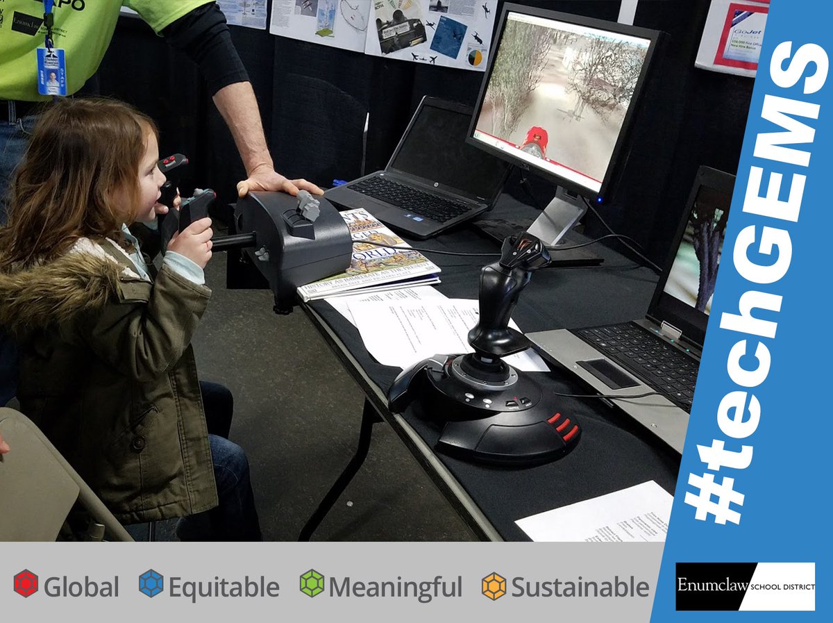 enumclawtech's tweet image. Mr. Rogel from Thunder Mountain Middle School helps a young learner explore with the flight simulator at this year&apos;s iSTEAM. Look at that engagement; perhaps we have a future pilot here! #techGEMS #esdwonder
