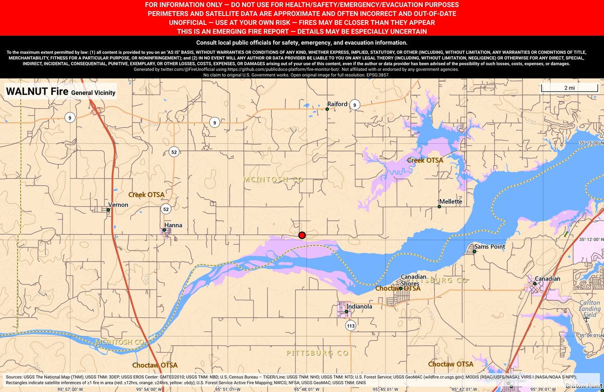 SWFireBot's tweet image. #WalnutFire 🔥 discovered Feb 14, 2019, 7:45 PM UTC - unofficial report.
#McIntoshCounty Okmulgee Field Office; Near Indianola, OK. ~98mi E of Oklahoma City, OK. See officials for safety info. May be incorrect; disclaimers in images.