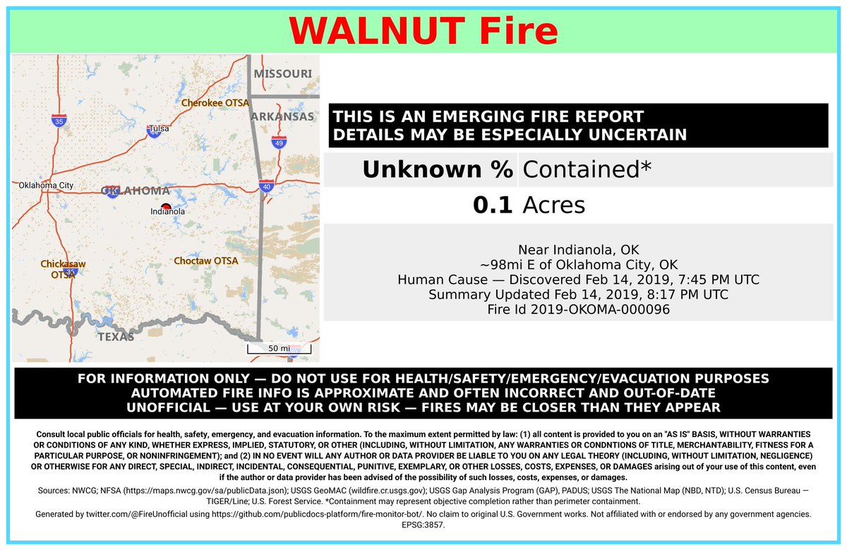 SWFireBot's tweet image. #WalnutFire 🔥 discovered Feb 14, 2019, 7:45 PM UTC - unofficial report.
#McIntoshCounty Okmulgee Field Office; Near Indianola, OK. ~98mi E of Oklahoma City, OK. See officials for safety info. May be incorrect; disclaimers in images.