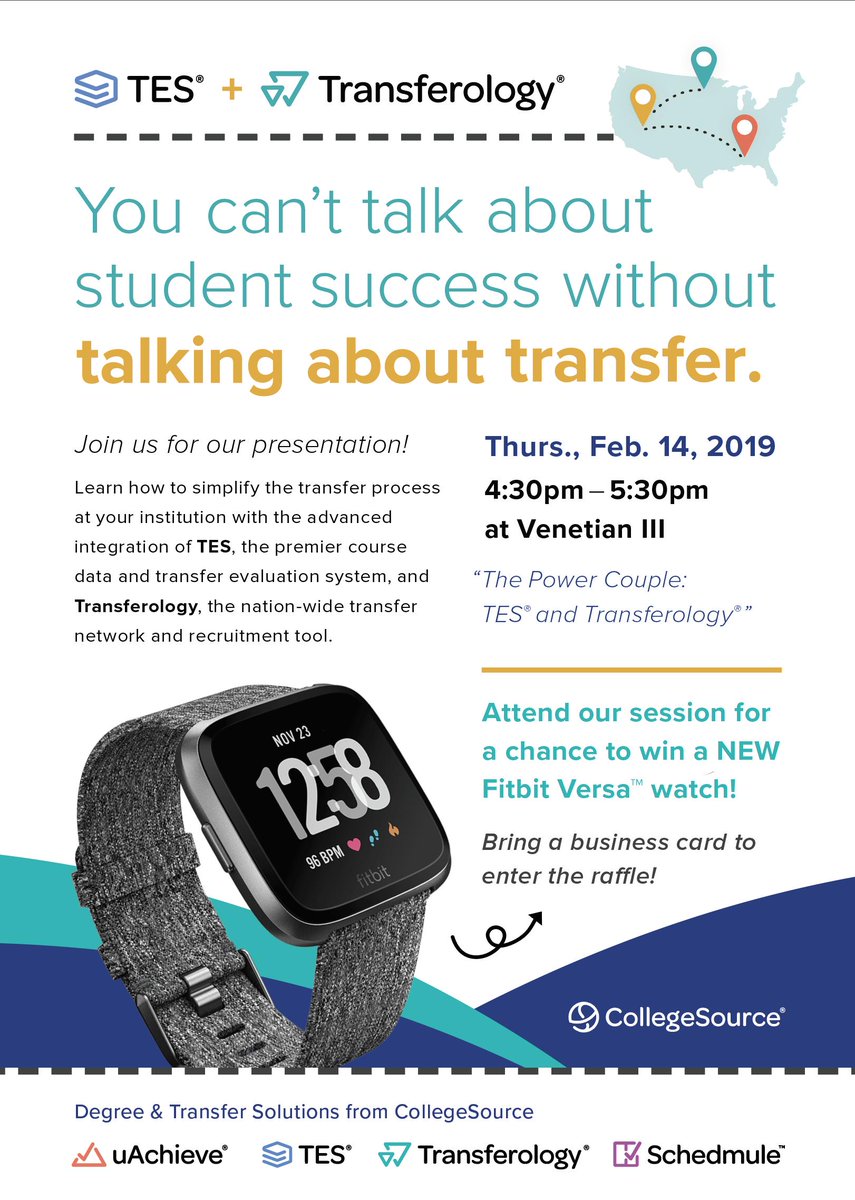 CollegeSource's tweet photo. Hurry! Don’t forget your business cards to participate in the raffle for a Fitbit Versa watch at today’s presentation! 😍 #NISTS2019

#NISTS19 #SimplifyTransfer #TransferTools #CreditEvaluation #NISTS #EvaluationWorkflow #TransferEquivalencies #StudentSuccess https://t.co/4JKzu5ij8g
