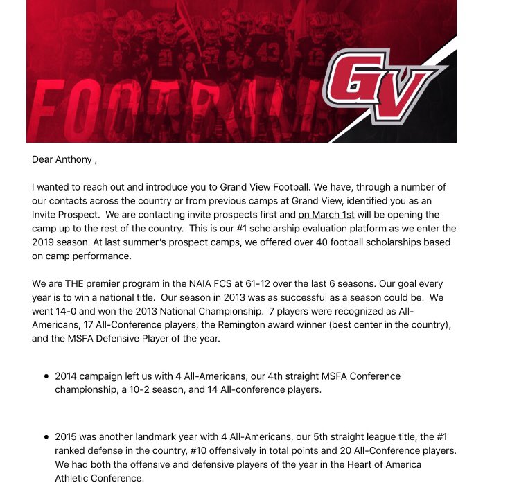 323Anthonysr's tweet photo. Thanks coach Mike Woodley and staff for the invite to GVF prospect camp. Can’t wait to meet and work with you all #GrandViewFootball https://t.co/U39dG0yHEU