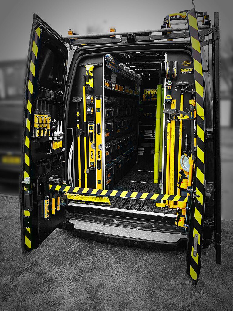 Coupleatools's tweet photo. Added a little more #yellow to my #DeWalt #ToughVan ™️ by adding #hazard tape to the rear doors. Can never have too much black &amp; yellow 🖤💛#coupleatools #ford #transit #jumbo #racking #vanracking #van #custombuilt #dreamvam #goals https://t.co/xYzRKFWYK1