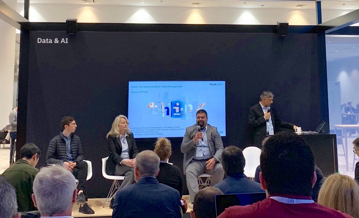 Greenhouse's tweet image. Our Greenhouse VP of Platform and Partnerships @imdane spoke at IBM #Think2019 Conference about the impact of #AI today with Chirag Nangia of @Reppify, Gopal Gupta of @IBM and Mercedes Ellison of @geteverwise.