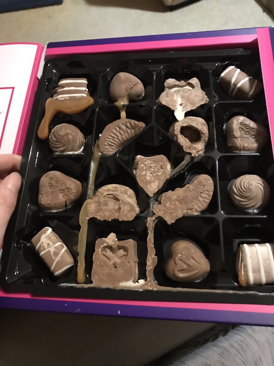 AmyM2591's tweet photo. OMFG this must be some kind of joke, shop replaced the last box and opened a new box of unidentifiable mush 😭😭😭😭😭#milktray #wtf @CadburyUK @sainsburys #notmyvalentine https://t.co/a1DVhidv9i