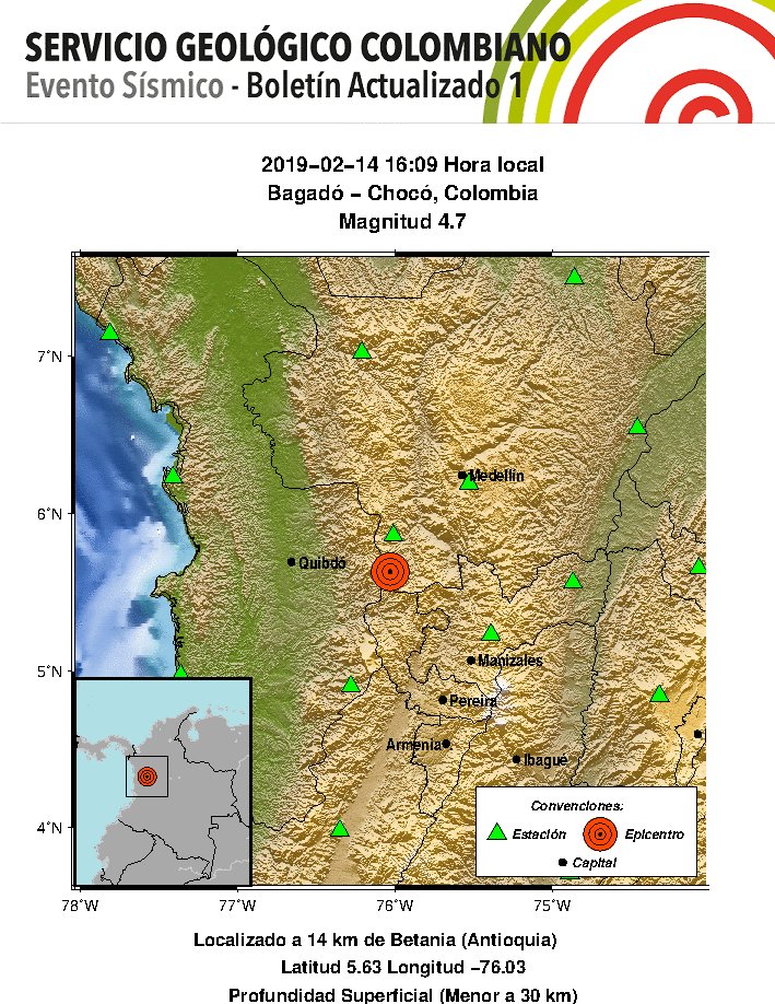 sgcol's tweet photo. #Reportamos Evento Sísmico - Boletín Actualizado 1, 2019-02-14, 16:09 hora local. Magnitud 4.7, Profundidad Superficial (Menor a 30 km), Bagadó - Chocó, Colombia #NoticiaEnDesarrollo #Temblor #Sismo ¿Sintió este sismo? repórtelo: https://t.co/mfTsF4SbFK https://t.co/hMuOLK3jFd
