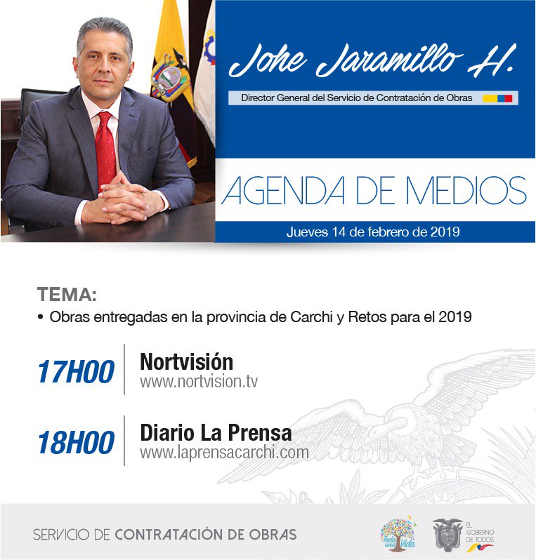 SECOB_Ec's tweet photo. #SecobEnMedios || Esta tarde el Director General, Ing. @JoheJaramilloH informará a la ciudadanía carchense acerca de las obras entregadas en esta provincia y los retos para el 2019. #SecobEnMarcha https://t.co/Uw6Ic7aj9l