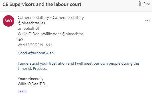 Further responses from TDs in #cesupervisors campaign for #occupationalpensionscheme and #parityofestem <a href="/willieodealive/">Willie O'Dea</a> @mickbarrytd and Pat the Cope Gallagher