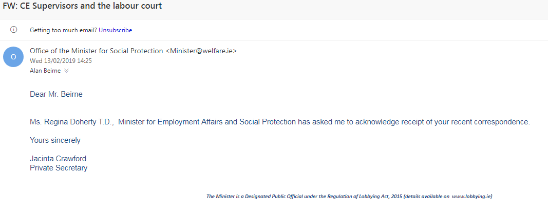Not much support for #cesupervisors campaign for #occupationalpensionscheme and #parityofesteem from Government ministers <a href="/richardbrutontd/">Richard Bruton</a> who thinks we only have an arrangement and <a href="/ReginaDo/">Regina Doherty MEP</a> who as of yet hasn't bothered to respond .... depressing stuff :(