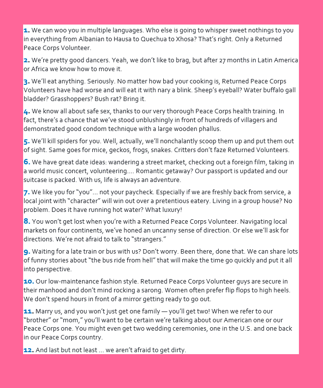 Happy Valentine's Day, to all #BadgerPeaceCorps, current, future, or prior!

Here are 12 Reasons to Date a Peace Corps Volunteer
#ValentinesDay