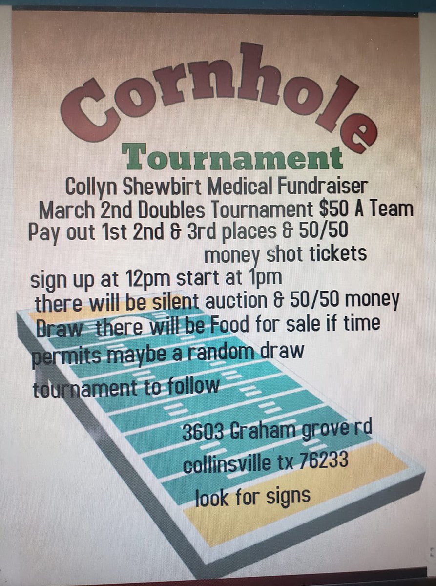talyn_price's tweet photo. if you love cornhole and wanna help @Shewbirt2 out here ya go!!!! https://t.co/s0pHpd7xaF