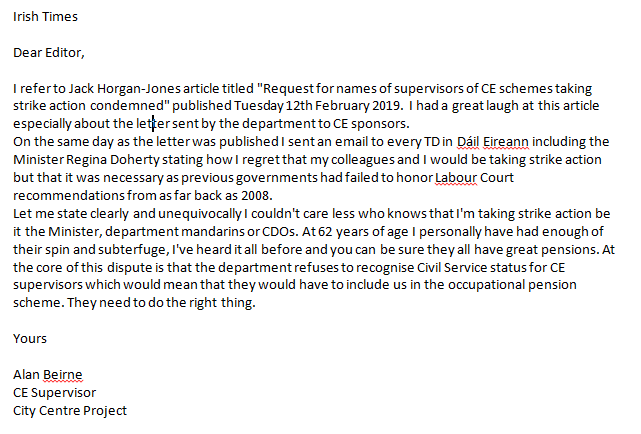 This is my response to the Irish Government past and present for their failure to acknowledge the contribution #cesupervisors make to Irish Society and who are seeking #occupationalpensionscheme and #parityofesteem @campaignforleo