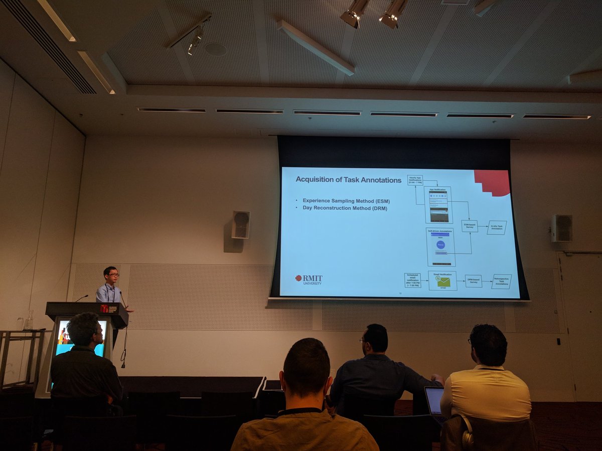 damiano10's tweet image. J. Liono: Data acquisition is performed using two methods: Experience Sampling (asking participants to report tasks via hourly notifications) and Day Reconstruction (asking participants to fill a survey at the end of the day about what they have done) #wsdm2019 #TaskIntelligence