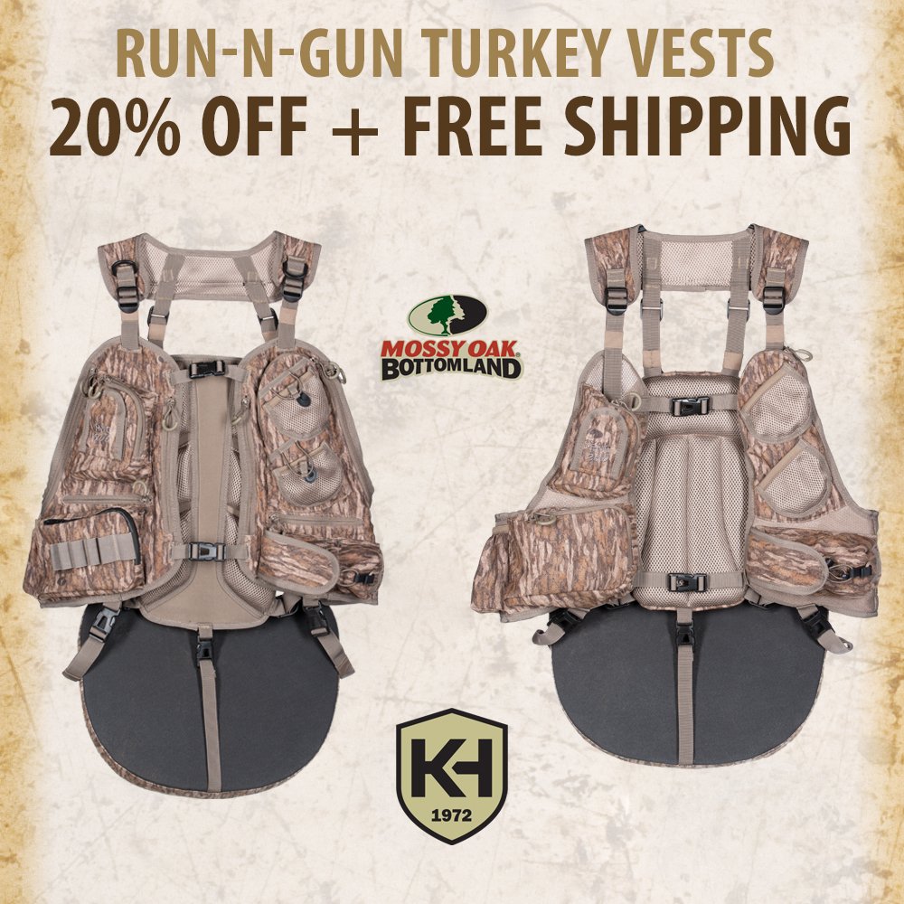 Run-N-Gun Turkey Vests are now available in Mossy Oak Bottomland!
For this weekend only ALL Knight &amp; Hale Turkey Vests are 20% OFF + FREE SHIPPING! #NWTFShow --------&gt; ow.ly/60tK30nHQwT