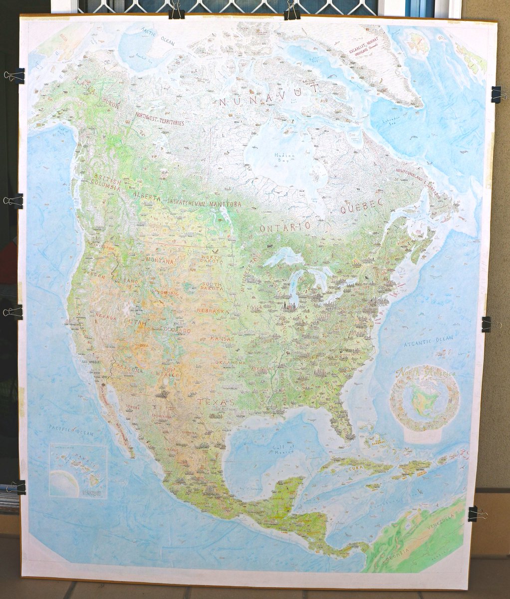AntonThomasMaps's tweet photo. 136 hours later, the cartouche for the (renamed) North America: Portrait of a Continent #map. The scarlet macaw at the bottom will be clutching a scroll where I'll sign off and date. Final sessions now &amp; will sign off for good later this month. Yes, that's February 2019. https://t.co/wo85JSqLlr