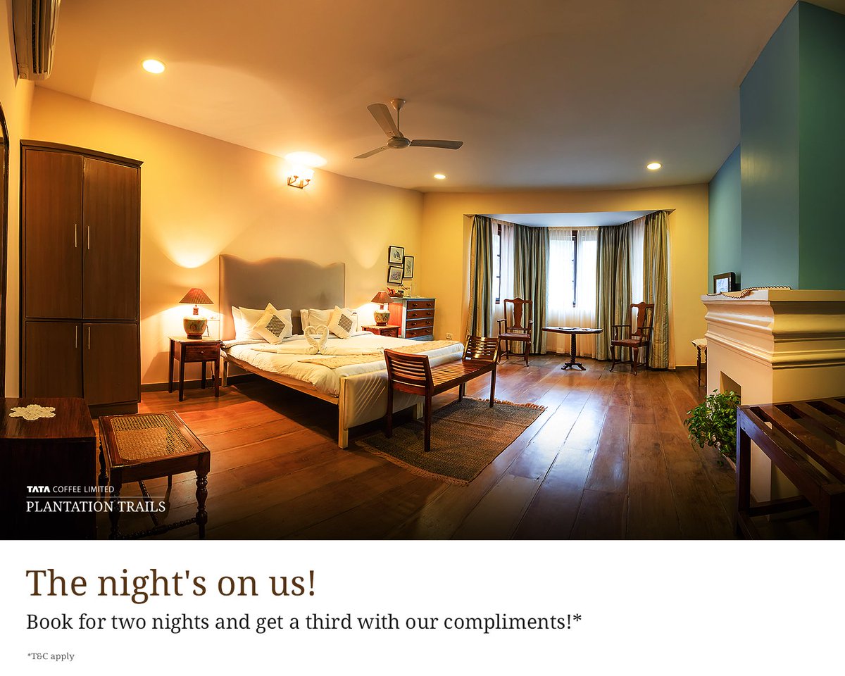 Book two nights and get third night with our compliments.

Visit plantationtrails.net or contact us at 080-23560761 or email us at reach.plantationtrails@tatacoffee.com