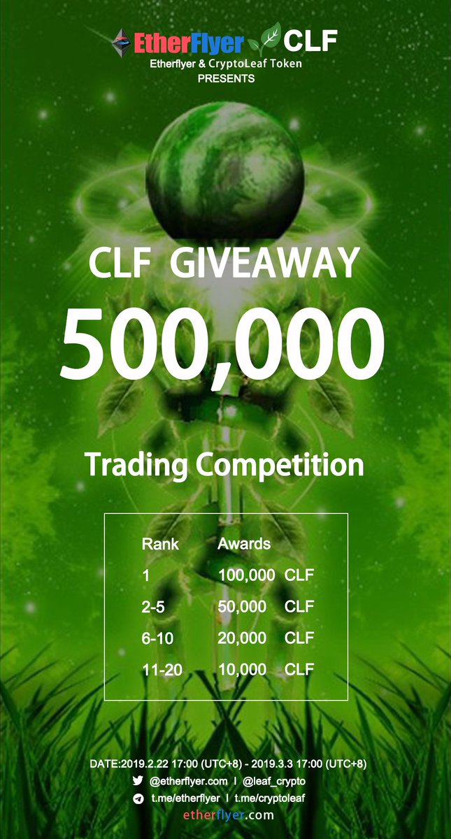 etherflyercom's tweet image. 500,000 CLF Token Giveaway for Trading Competition  From 2019.2.22 17:00(UTC+8) - 2019.3.3 17:00(UTC+8) @leaf_crypto Trading Rank:etherflyer.com/activity/trade… … Follow all activities:etherflyer.com/airdrop.html