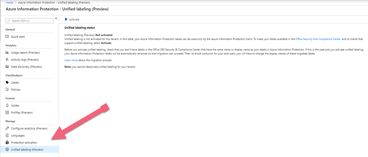 claus_jespersen's tweet photo. Now you don't have to use #PowerShell anymore to activate the new #UnifiedLabeling feature that is in preview. You can do it in the #AIP portal. But carefully consider if/when you wan't to do that as we don't have everything covered by #UnifiedLabeling as of now. https://t.co/6UKBThvVfY