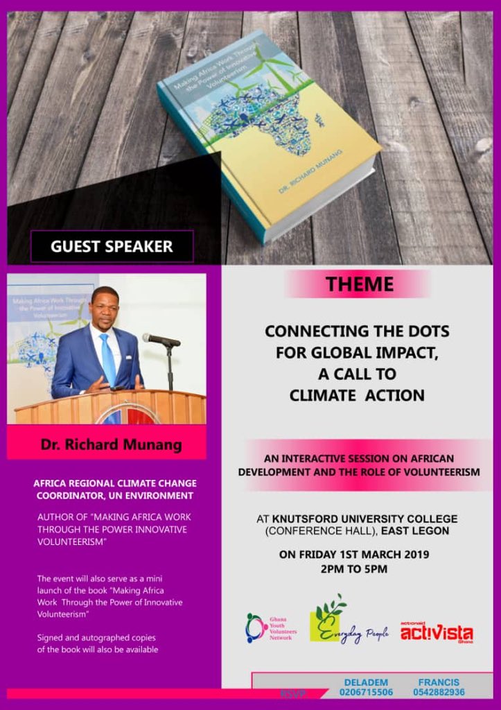 delademxonu's tweet photo. "Innovative Volunteerism: A model for driving Climate Action, creating Wealth and Developing Self, Countty and Continent"

Date: 1st March,2019
Venue:Knustford University College,East-Legon.
Time:2-5pm
All are cordially invited.

#InnovativeVolunteerism #SDGs #ClimateAction #UN https://t.co/fed8D6P0jx