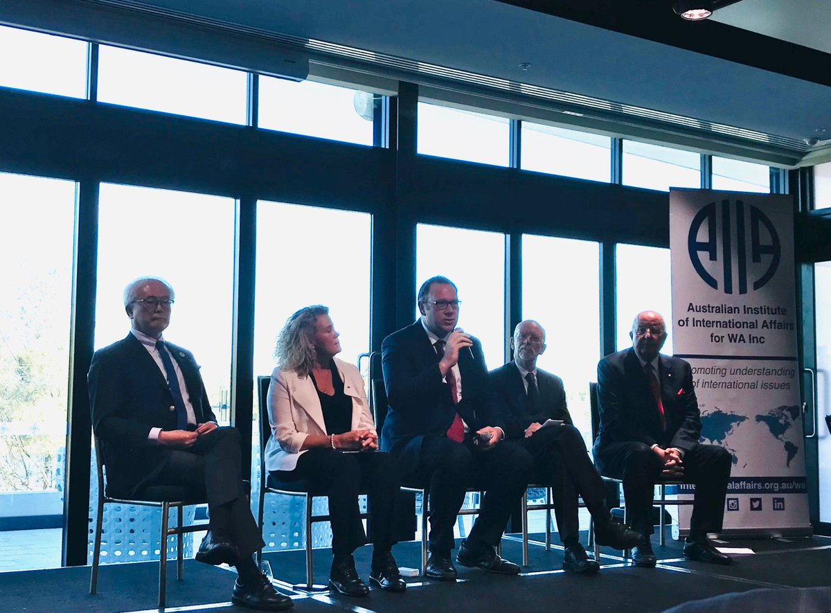 DFATinWA's tweet photo. High level panel w/Prof Taniguchi, Sam Walsh, Fiona Simpson on Australia Japan relations: from ‘energy, energy, energy’ 30yrs ago to democratic countries w/shared values &amp; maritime identities, strong agriculture ties leading regional cooperation &amp; rules-based global order today https://t.co/jXMdYlNmje