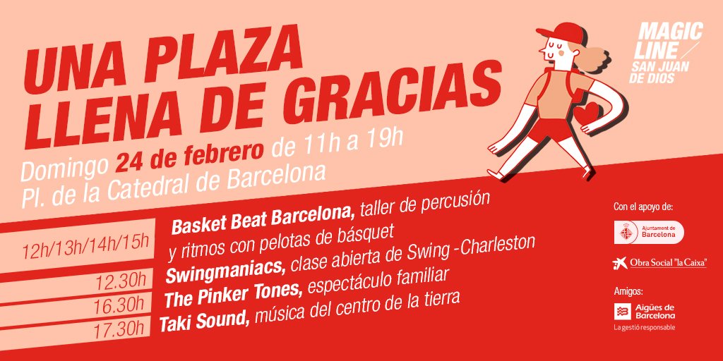 📣 Este domingo la plaza de la Catedral de #Barcelona se va convertir en una gran fiesta solidaria. ❤️🎉 ¡Súmate a los equipos <a href="/magiclineSJD/">Magic Line SJD</a> y disfruta de los <a href="/basket_beat/">Basket Beat</a>,  <a href="/swingmaniacs/">Swing Maniacs Barcelona</a> y los conciertos familiares de <a href="/thepinkertones/">The Pinker Tones</a> y #TakiSounds! bit.ly/2V4FWxs