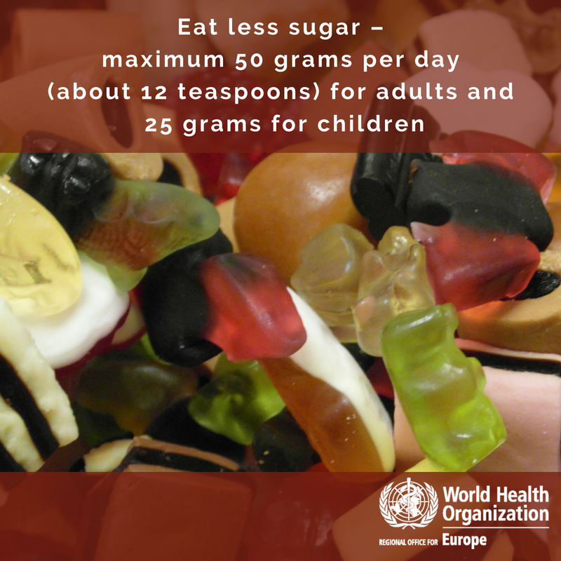 WHO_Europe's tweet photo. A healthy diet is one important way to help #beatNCDs.

Try to cut down on your sugar intake – WHO recommends no more than 50 grams per day for adults (about 12 teaspoons) and 25 grams for children. https://t.co/vjQvaEL11o