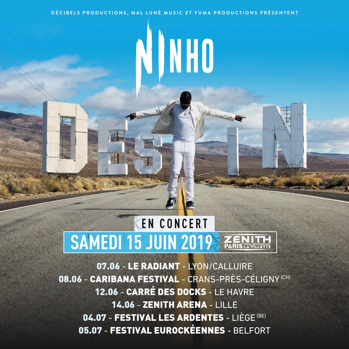 🎊 NOUVELLE TOURNÉE 🎊
<a href="/ninhosdt/">NINHO SDT</a> remonte sur scène pour une tournée 2019, il passera par le <a href="/Zenith_Paris/">Zénith Paris - La Villette</a> le 15 juin 🔥🔥 //cc <a href="/DecibelsProd_/">Décibels Prod</a> //
Son nouvel album #DESTIN sort le 22 mars... 👀👊
Chopez vite vos places 🎫👉 bit.ly/Ninho-concert