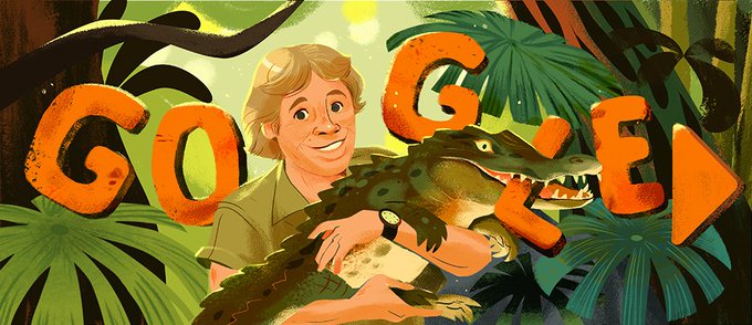 A Google Doodle of Steve Irwin holding a crocodile.