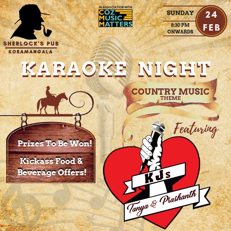 sherlockspubKRM's tweet photo. This Sunday Night get ready with your playlist as we are bringing Tanya &amp; Prashanth for Karaoke Night only at #SherlocksPubKoramangala 
Kickass food &amp; beverages offers, Prices to be won! https://t.co/jnmSZXrH3B