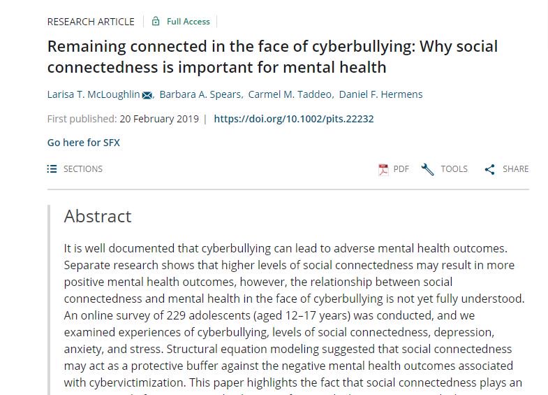 Educate (@unisaeducation) on Twitter photo Research Article: Remaining connected in the face of
cyberbullying: Why social connectedness
is important for mental health onlinelibrary.wiley.com/doi/10.1002/pi… <a href="/BarbaraASpears/">Barbara Spears</a> Research Article: Remaining connected in the face of
cyberbullying: Why social connectedness
is important for mental health onlinelibrary.wiley.com/doi/10.1002/pi… <a href="/BarbaraASpears/">Barbara Spears</a>