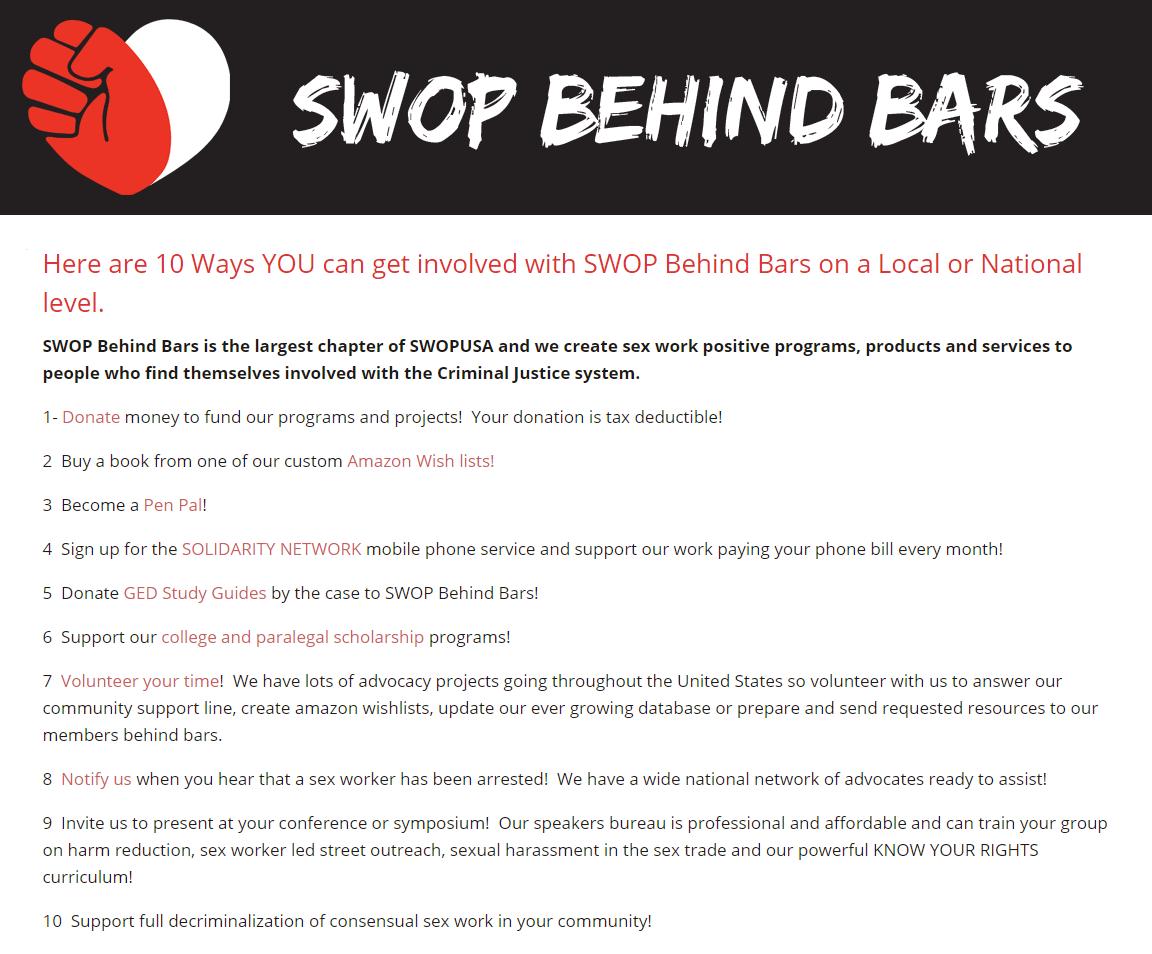 swopbehindbars's tweet image. Help support incarcerated #sexworkers!

* Mentor by Mail: goo.gl/forms/YB9vzSJo…
* Book Requests: swopbehindbars.org/get-involved/b…
* Donate $$$, phones, unused miles/points: swopbehindbars.org/donate
* Solidarity Mobile Network: swopbehindbars.org/why-is-the-sex…
* Volunteer: swopbehindbars.org/get-involved/v…