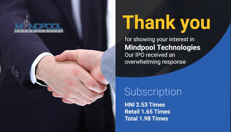 Thank you for making Mindpool IPO a huge success 
Stay tuned for more updates on Mindpool
#IPOSuccess  #RapidlyGrowingCompany #MindpoolTechnologies