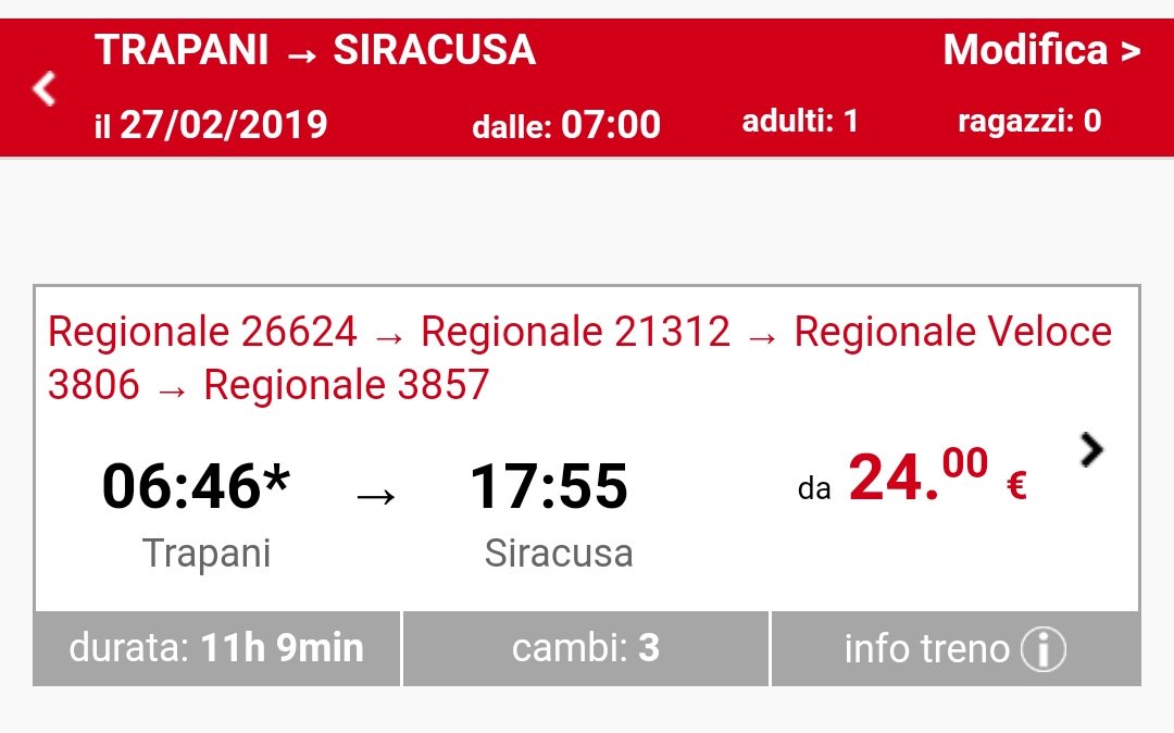 DiegoFusaro's tweet photo. Da Trapani a Siracusa 11 ore e 9 minuti di treno. E per voi la priorità è la TAV, per fare scorrere veloci le merci verso la Francia. Ridere per non piangere. https://t.co/OaDpfd5qnt