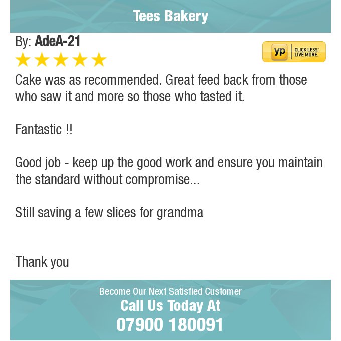 TeesbakeryUK's tweet photo. 5 Star: AdeA-21 "Cake was as recommended. Great feed back from those who saw it and more so those who tasted it...." https://t.co/9dqHOzkK6F https://t.co/QZqL4eyfUa