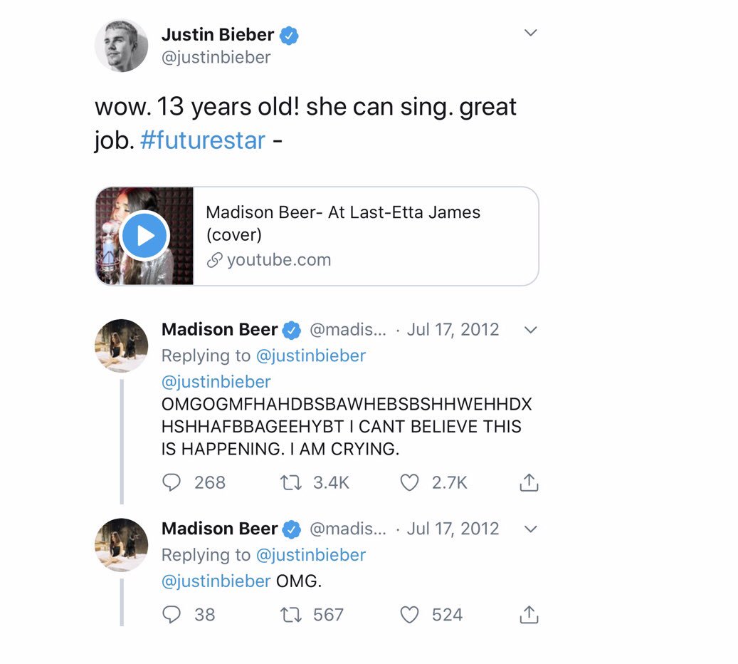 Postagem feita no X (antigo Twitter) por Justin Bieber, que lançou a carreira de Madison Beer, em 2012 (via @JBCrewdotcom)