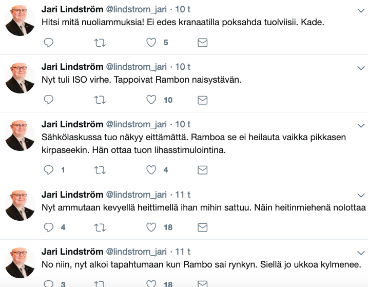 Työministeri Lindström teki eilen liveseurantaa, kun tv:stä tuli Rambo 2.