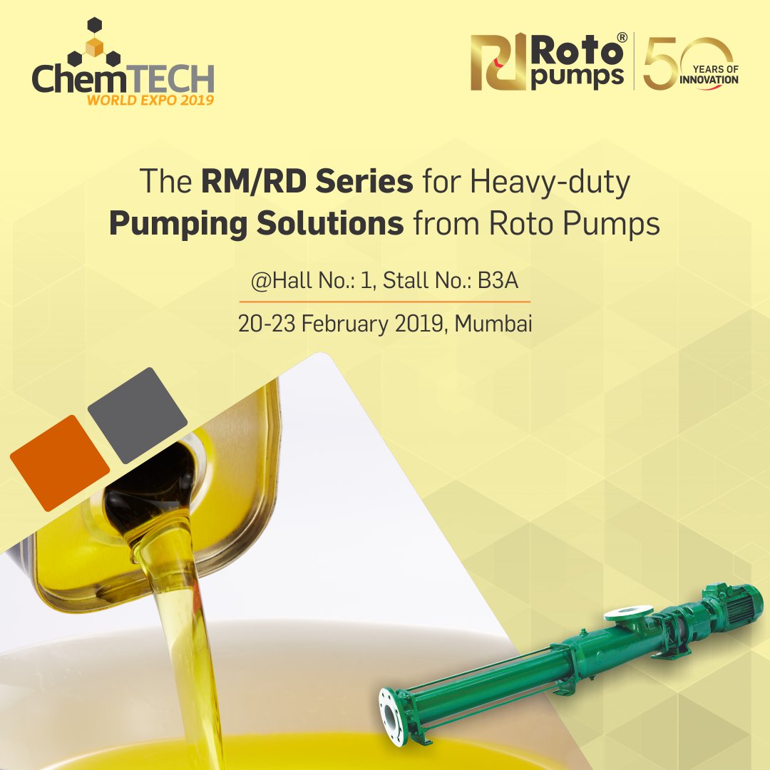 Rotopump's tweet photo. Pumps that perform reliably – whatever the chemical.
Meet the pump experts from a 50-year company to discuss all your requirements at ChemTECH World Expo 2019!
#WeAreRoto #MovingFluidsWithRoto #Roto50years #PCP #pumpperformances #Pump #pumpindustry #technology #chemtech2019 https://t.co/MYRp2YGHww